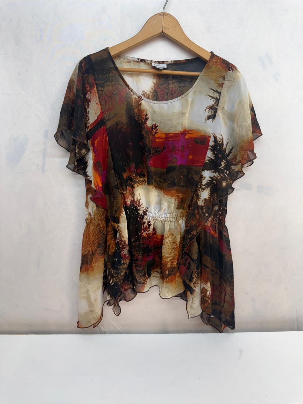 Worthington Multicolor Sheer Flutter Sleeve Tunic with Brown and Red Accents